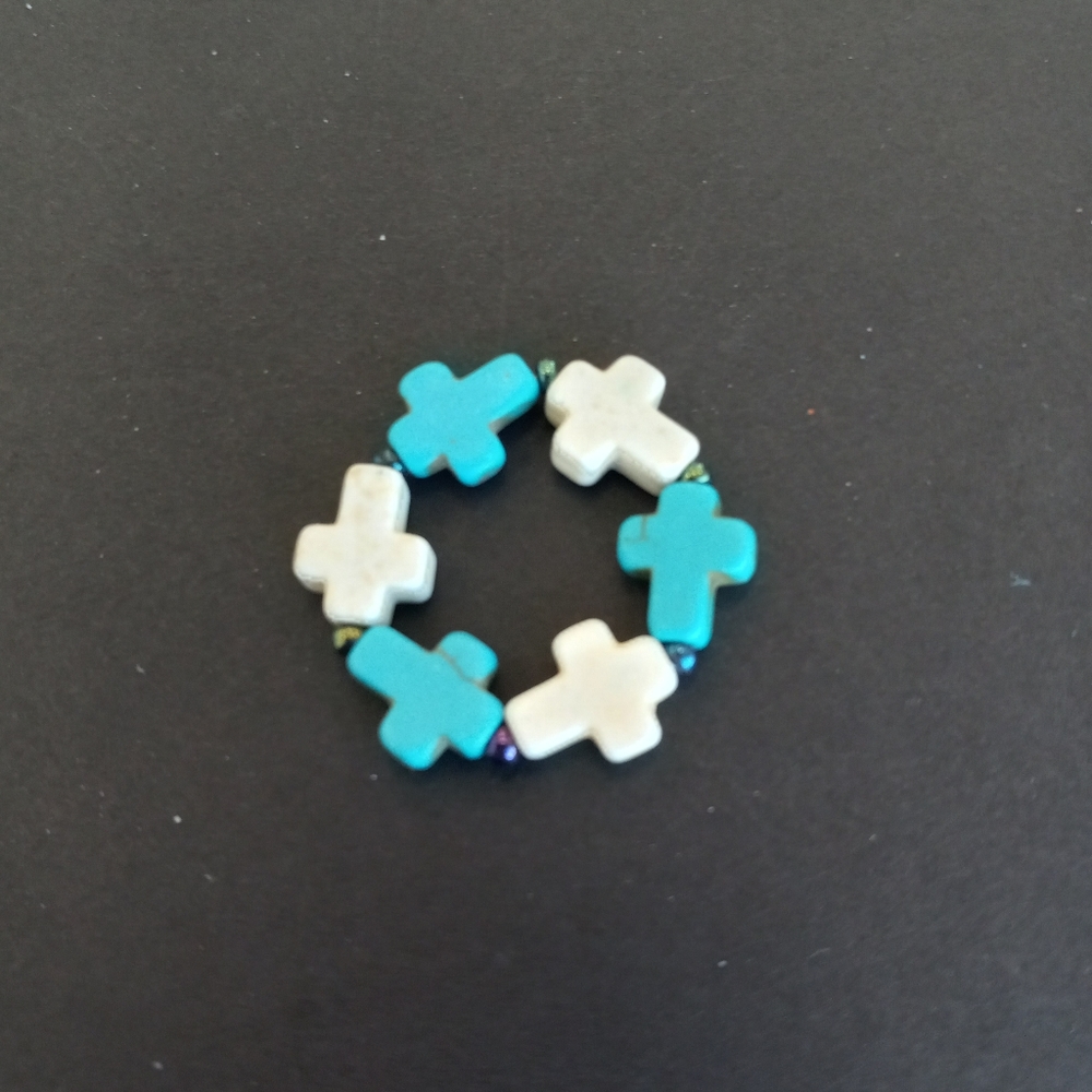 Beaded Turquoise & White Howlite Cross Ring